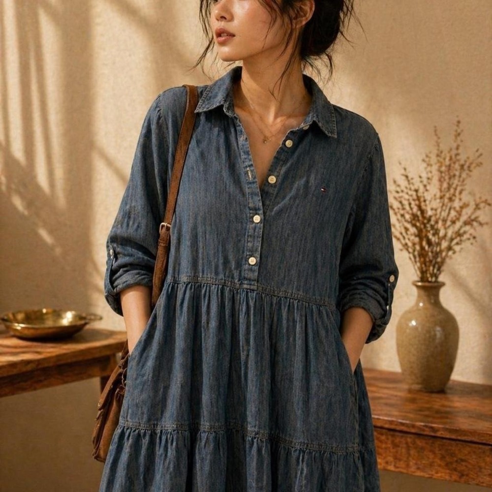 Tommy Hilfiger Denim Blue Tiered Mini Dress